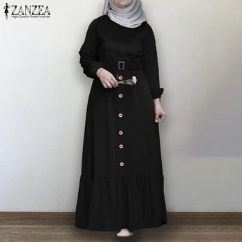 Musulmonų Suknelė ZANZEA Moterų Rudenį Pynimas Hem Ilgai Kaftan Abayas Sundress Kietas Dubajus Abaja Turkija Suknelė, Hijab Vestidos Skraiste