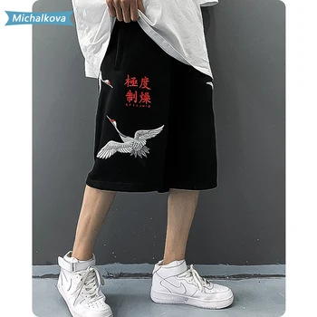 Kinijos elementai Krano siuvinėjimo Harajuku Shorts Mens Pobūdžio Atsitiktinis Mados Vasaros Hip-Hop Baggy Streetwear Vyrų Poilsiu
