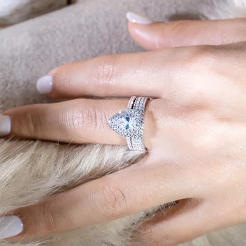 Naujas prabangus Žiedas Nustatyti kriaušių kietas 5A cirkonis 925 sterlingas sidabro vestuvinis žiedas moterims 
