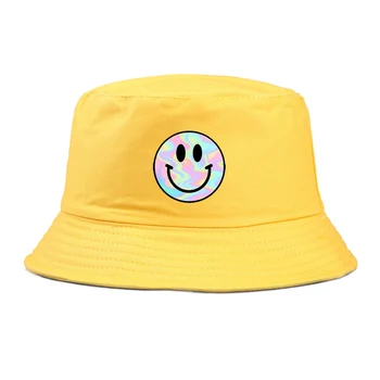 Atsitiktinis kibirą skrybėlės Geltona Smiley Veido spausdinti Žvejys Kepurės Moterims, Vyrams Mados Lauko Draugais, Skydelis nuo Saulės Baseino Skrybėlės panama kepurė