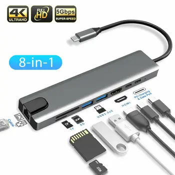 8 in1 USB-C Tipo-C Dual USB 3.0 Hub HDMI, RJ45, Ethernet Micro SDTF OTG Adapteris