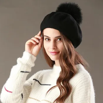 VISROVER nauja beretė skrybėlę moterų žiemos megzti vilnos kepurė padirbtų kailių pompom skrybėlę vientisos spalvos aukščiausios kokybės Moterys Boina Feminina