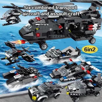 700Pcs 6 2 SWAT Transporto Orlaivių Blokai Sausumos Ir Jūrų Karinių Sraigtasparnių Šarvuotų Automobilių Karo Modelį, Surenkant Žaislą