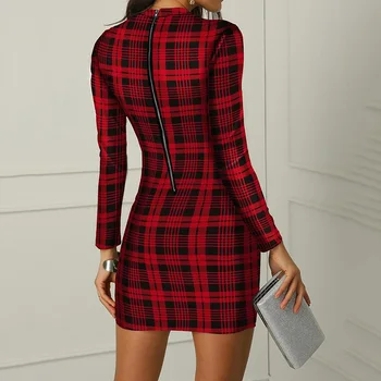 Raudonas Pledas Spausdinti ilgomis Rankovėmis Office Ponios Slim Mini Šalies Clubwear 2021 Žiemos Moterys Elegantiškas o Kaklo Suknelė Plius Dydis Sj7443V