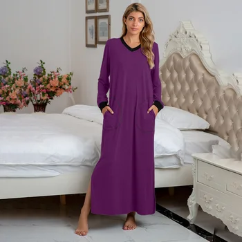Mišrios Medvilnės Prarasti Ilgomis Rankovėmis Moterims Nightdress V-Kaklo Padalinta Moterų Pižamą 2021 M. Pavasarį Atsitiktinis Minkštas Ponios Maxi Namų Suknelė