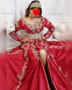 Raudona Maroko Caftan Dress 2021 nuo Peties ilgomis Rankovėmis Padalinta Kristalų Duobute vakarinę Suknelę vestidos de noite