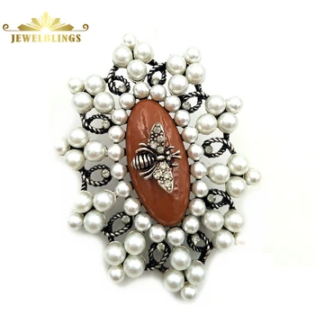 Antikvariniai Europos Stiliaus Riesta Vielos Imitavo White Pearl Grupių Metalų Bičių Rudos, Ovalo formos Sagės & Kaiščiai Moterų Vintage Papuošalai