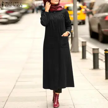 Rudenį Moterų Musulmonų Suknelės ZANZEA Derliaus Mygtuką Palaidinukė Suknelė Atsitiktinis ilgomis Rankovėmis Maxi Hoodies Plus Size Vestidos Skraiste
