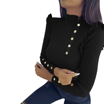 Rudenį, Atsitiktinis, Kietas Mygtukas Plonas Susiėmę ilgomis rankovėmis Moteris tshirts Pagrindinio 2020 Bazės Megzti Harajuku T-shirt Sexy Black Top Moterims