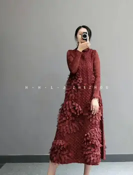 KARŠTO PARDAVIMO Miyake mados kartų moterų ilgai grynos spalvos suknelė Aukšta apykakle ilgomis rankovėmis aplikacijos suknelė SANDĖLYJE