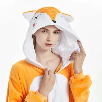 Kigurumi Mielas Oranžinis Fox Gyvūnų Animacinių filmų Pajama Flanelė Pižama Unisex Suaugusiųjų Nightie Sleepwear