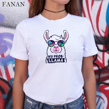 2020 Naujas Vasaros moteriškų Rūbų Harajuku Mados Lama Alpaka Gyvūnų Spausdinti marškinėliai Moteriška Balta Animacinių filmų marškinėliai street Marškinėlius Viršūnės