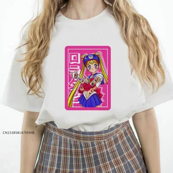 Sailor Moon Vasaros Marškinėliai Moterims Nedoro Gyvenimo Harajuku Įdomus T-Shirt Cute Kačių Marškinėlius Animacinių filmų Top Tees Moterų MEDVILNĖS Lady Tee Marškinėliai