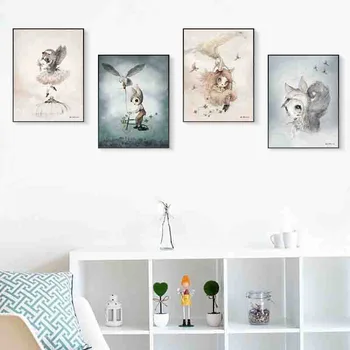 Modernus Rabbit Merginos Angelas Karikatūros, Drobė, Tapyba Šiaurės stiliaus Sienos Meno Plakatai Vaikams, Kūdikių Darželio Kambario Sienos, Sienų Dekoras