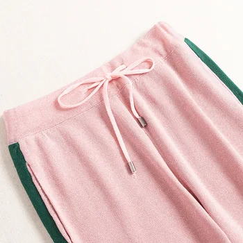 Moterų ištaigingas dėvėti nustatyti vasaros 2020 trumpomis rankovėmis spalva blokuoti dryžuota megzta viršūnes puloveriai) su plataus kojų kelnės dviejų dalių rinkiniai rožinė