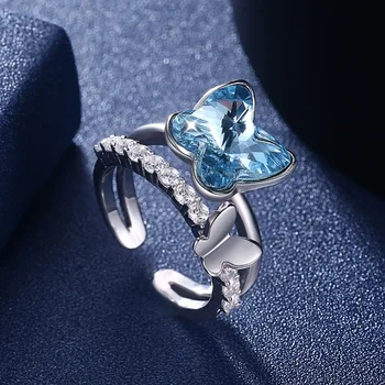 LEKANI 925 Sterlingas Sidabro Drugelis Atidarymo Žiedai Moterims, Mėlyna Kristalų Cirkonis Žiedas Fine Jewelry Vestuvinį Žiedą Geriausia