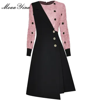 MoaaYina Mados Dizaineris suknelė Rudenį Moterų Suknelė Kutas ilgomis Rankovėmis Colorblock Elegantiškas Asimetriškas Suknelės