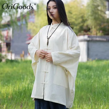 OriGoods Negabaritinių Marškinėliai Moterims Kinų stiliaus Marškinėliai Palaidinė Medvilnės Skalbiniai ilgomis rankovėmis Marškinėliai Plius dydis Chi Drabužius Viršūnes B294