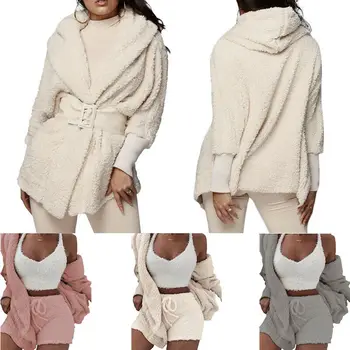 Moterų Pūkuotas Minkštas Pajama Komplektai Vilnos ilgomis Rankovėmis naktiniai drabužiai Pliušinis Gobtuvu Kailis+Šortai Patogus Sleepwear 3PCS
