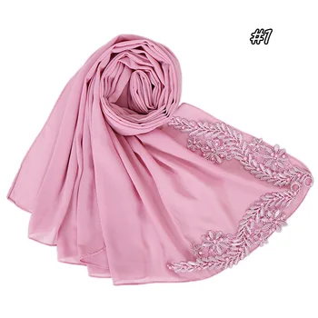 Pavasario šifono 70*180 cm hijab šalikas su perlų femme musulman ilgai skaros islamo skarelė drabužių musulmonų siuvinėjimo hijabs