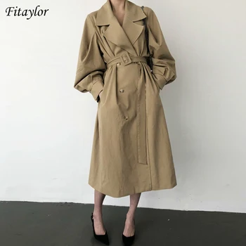 Fitaylor 2020 Naujų Rudens Moterys Elegantiškos Mados Ilgos Tranšėjos Paltai Laisvas Diržas Dvigubo Breasted Švarkelis, High Street Juoda Outwear