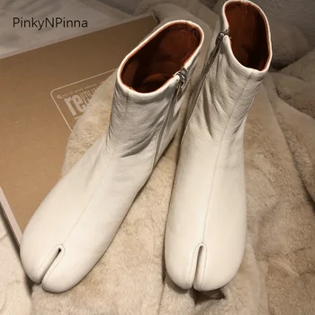 Dizaineris mados moterų batai kupranugaris split toe natūralios odos minkštas karvės odos apvalios kulnas trumpas bateliai plius dydis ponios batai