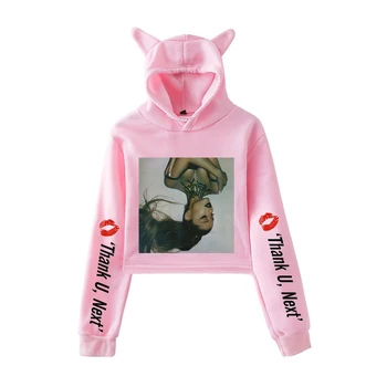 Luckfridayf 2019 Ariana Grande hoodie Moterų palaidinukė cute Kačių Pasėlių Viršuje hoodies Kawaii medvilnės trumpa Palaidinukė Kpop Harajuku