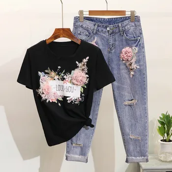 Moterų 2020 m. 2vnt Vasaros Stilingas Siuvinėjimo 3D Gėlių Trumpas Rankovėmis Marškinėlius+Sunkus Darbas Jean Rippered Skylę Džinsinio audinio Kelnės Kostiumas