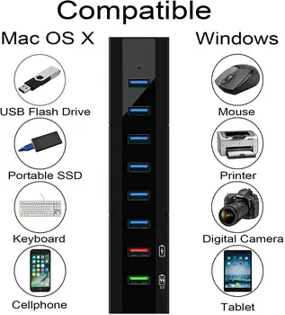 8 Prievadai USB 3.0 Hub su 6 Uostus, Duomenų Perdavimo ir 2 Prievadai Greitojo Įkrovimo ir 36W Maitinimo Adapteris USB 3.0 Kabelį