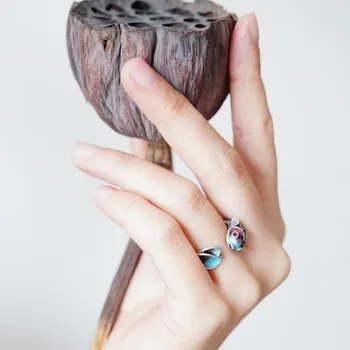 925 Sidabro, Emalio spalva brokatas karpis žiedas Kinijos klasikinės mažumų dizaino elegantiškas žavesio moterų reguliuojamas prekės papuošalai