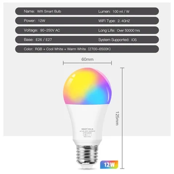 Wifi Smart LED Lemputės 12W E27 RGB CW Spalva Keičiasi Šviesos Pritemdomi LED Lempos Suderinama 