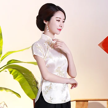 Tradicinis kinų Moterų Top Plius Dydis 3xl 4xl Palaidinė Satino Gėlių Marškinėliai Senovinių Rankų darbo Mygtuką Marškinėliai trumpomis Rankovėmis Kostiumas
