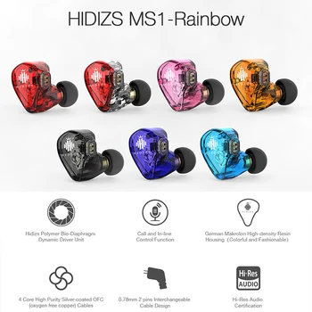 Hidizs MS1 Vaivorykštė HiFi Garso Dinamiškas, Diafragma, In-Ear Stebėti, ausinių IEM su Nuimamas Kabelis 2Pin 0.78 mm Jungtis, 3.5 mm