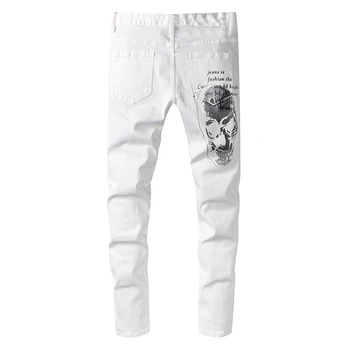 Vyriški kaukolė spausdinti balta kankina džinsai Mados raidžių dažytos ruožas džinsinio audinio kelnės