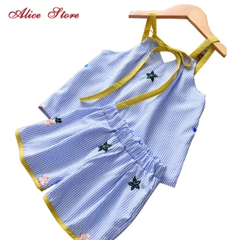 Alice vasaros Mergaitės petnešos marškinėliai + šortai 2vnt drabužių rinkinius, dryžuotas siuvinėjimo liemenę, rūbai vaikams, vaikų mados kostiumas