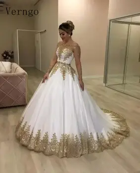 Verngo 2021 Saudo Arabų Ilgomis Rankovėmis Vestuvių Suknelė Nuotakos Aukso Nėrinių Aplikacijos Karoliukai Valtis Kaklo Derliaus Vestuvinės Suknelės, Plius Dydis