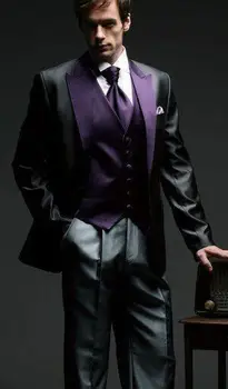 Naujas Atvykimo juoda tuxedos vyrų violetinė pasiekė atvartas vestuvių kostiumai vyrams 3 gabalus vyrų kostiumai jaunikis vestuvių kostiumai