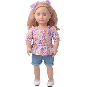 18-colių Mergaičių lėlės drabužiai Aikštėje apykaklės gėlių palaidinė + džinsinis trumpas tinka 40-43 cm Berniuko, lėlės American doll suknelė žaislai c907