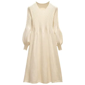 Rudenį Moterų Aukšto Juosmens Megztos Suknelės Žiemos Mados Didelis Dydis Lady V-kaklo Mezgimo Suknelė, Purus Suknelė, Vestidos Bottomings 1210