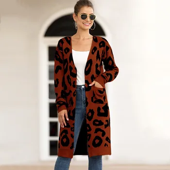 Unikalus Gamtos Moterų Leopard Cardigan Megztinis Atidaryti Priekiniai Šiltas ilgomis Rankovėmis Purus Megzti Paltai su Kišenėmis