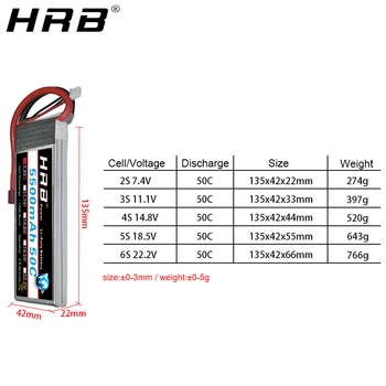 HRB Lipo Baterija 5500mah 7.4 V 2S 11.1 V 50C T Plug Dekanai XT60 RC Dalys Lėktuvų Quadcopter Automobilių 14.8 V 4S 5S 6S 3S 18.5 V 22.2 V