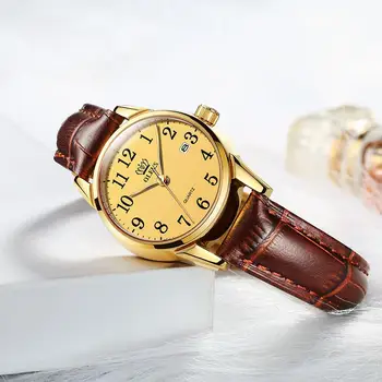 OLEVS Moteriški Žiūrėti Viršų Markės Mados Kvarciniai Laikrodžiai Casual Luxury Suknelė Originali Ruda Oda atspari Vandeniui Laikrodis Lady
