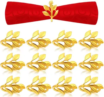 12pcs/daug Servetėlių žiedas vestuvių servetėlių laikiklį vestuvių puotą šeimai, virtuvės, valgomojo stalo skalbiniai, metalo, aukso ir sidabro lapų