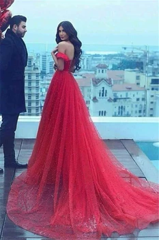 Ilgai Prom-line Off-the-pečių Raudona Duobute Prom Dresses Perlai, Kristalai, Saudo Arabija Vakare Chalatai