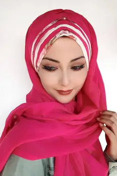 Naujas Moda Hijab Kadın 2021 Müslüman Başörtüsü Islami Tesettür Türban Şapka Fular Eşarp Pembe Renk Beyaz Şifon Detaylı Hazır Şal