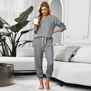Rudenį pižama ilgomis rankovėmis pijama moterų pajama nustatyti judėjimo Atsitiktinis vientisos spalvos Patogus mezgimo kelnės Atsitiktinis homewear