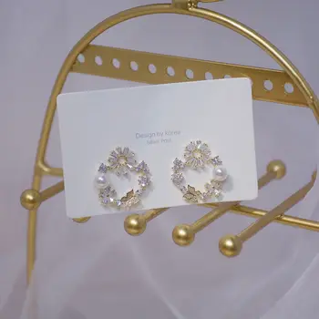 14 karatų tikro Aukso bižuterijos Round Crystal Gėlių Drugelis Išskirtinį Stud Auskarai Moteris Atostogų Šalis Elegantiški Auskarai