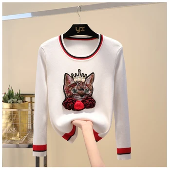 Cakucool Naujų Trikotažo marškinėlius Moterims, Pavasarį Katės Pleistras 3D Gėlių Embroid Plonas Megztinis ilgomis Rankovėmis Tee Traukti Plonas Megztinis Viršūnes Femme