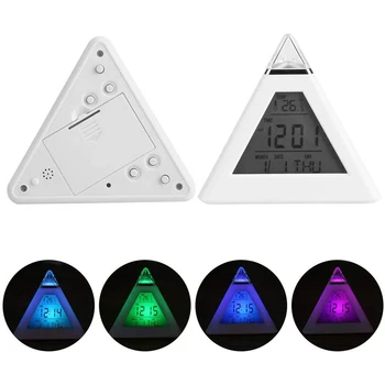 Skaitmeninis Laikrodis-Žadintuvas Mažas LCD Piramidės Žadintuvas 7 Spalva Keičiasi Darbalaukio Stalo Laikrodis Termometras su Snaudimo Funkcija