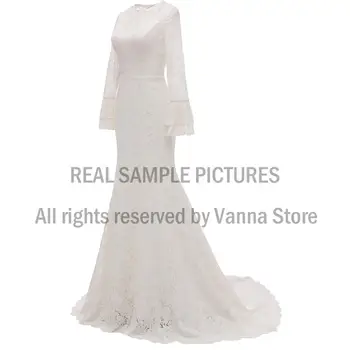 Nėriniai Ilgai Trimitas Rankovėmis Vestuvių Suknelė Elegantiškas Pigūs A-Line Bridal Gown Sužadėtuvių Suknelė Fotografijos Nemokamas Pristatymas 1349#